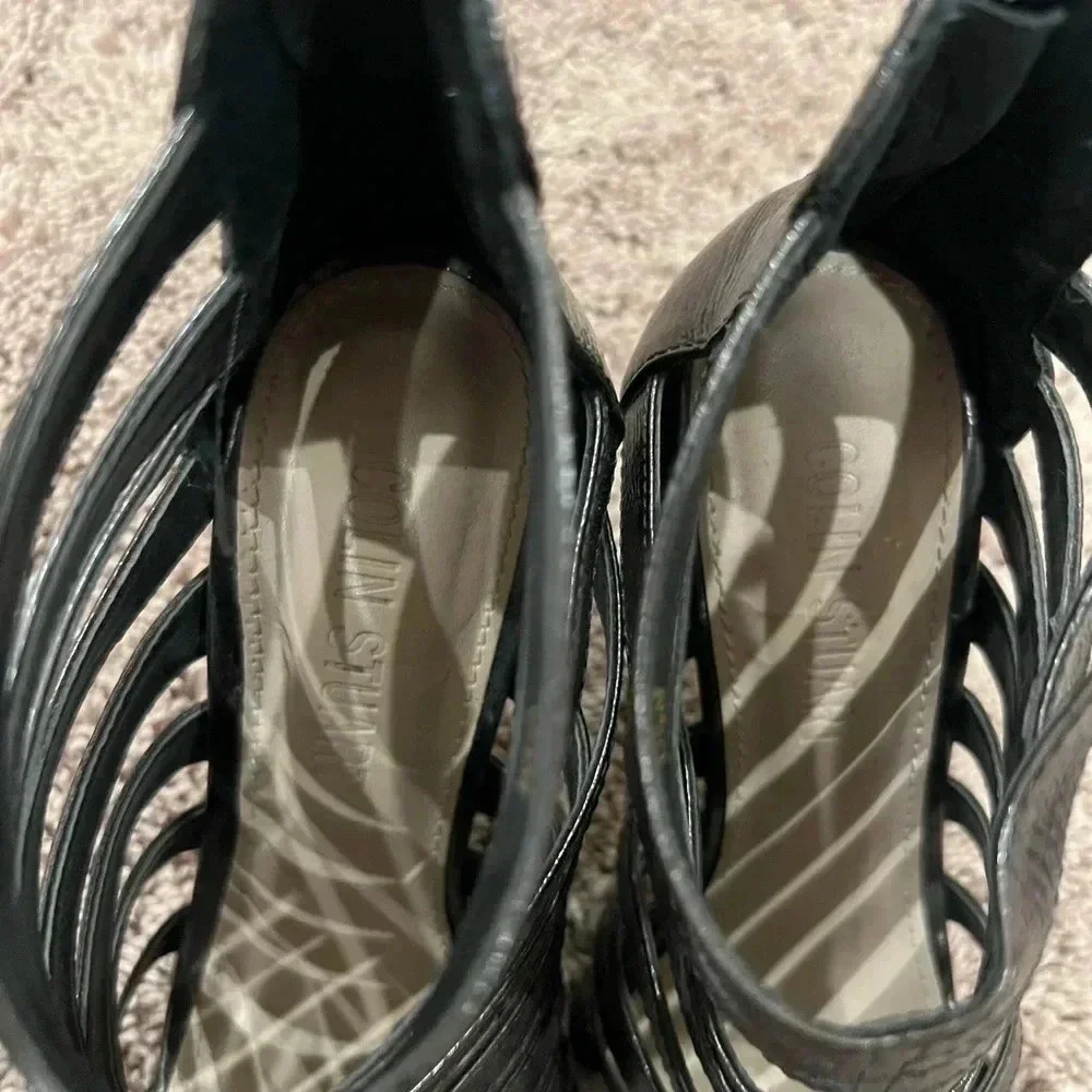Colin Stewart 6.5 strappy high heel sandals booties brown gray patent leather